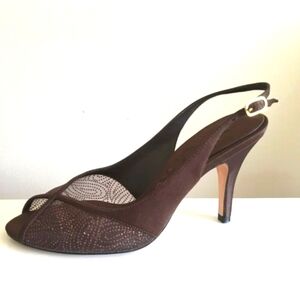 Nina Frey Brown Satin Sparkle Evening Pumps 9.5 peep toe